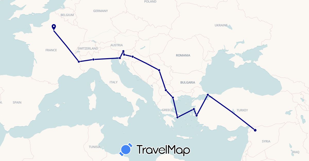 TravelMap itinerary: driving in Austria, France, Greece, Croatia, Italy, Macedonia, Serbia, Slovenia, Syria, Turkey (Asia, Europe)